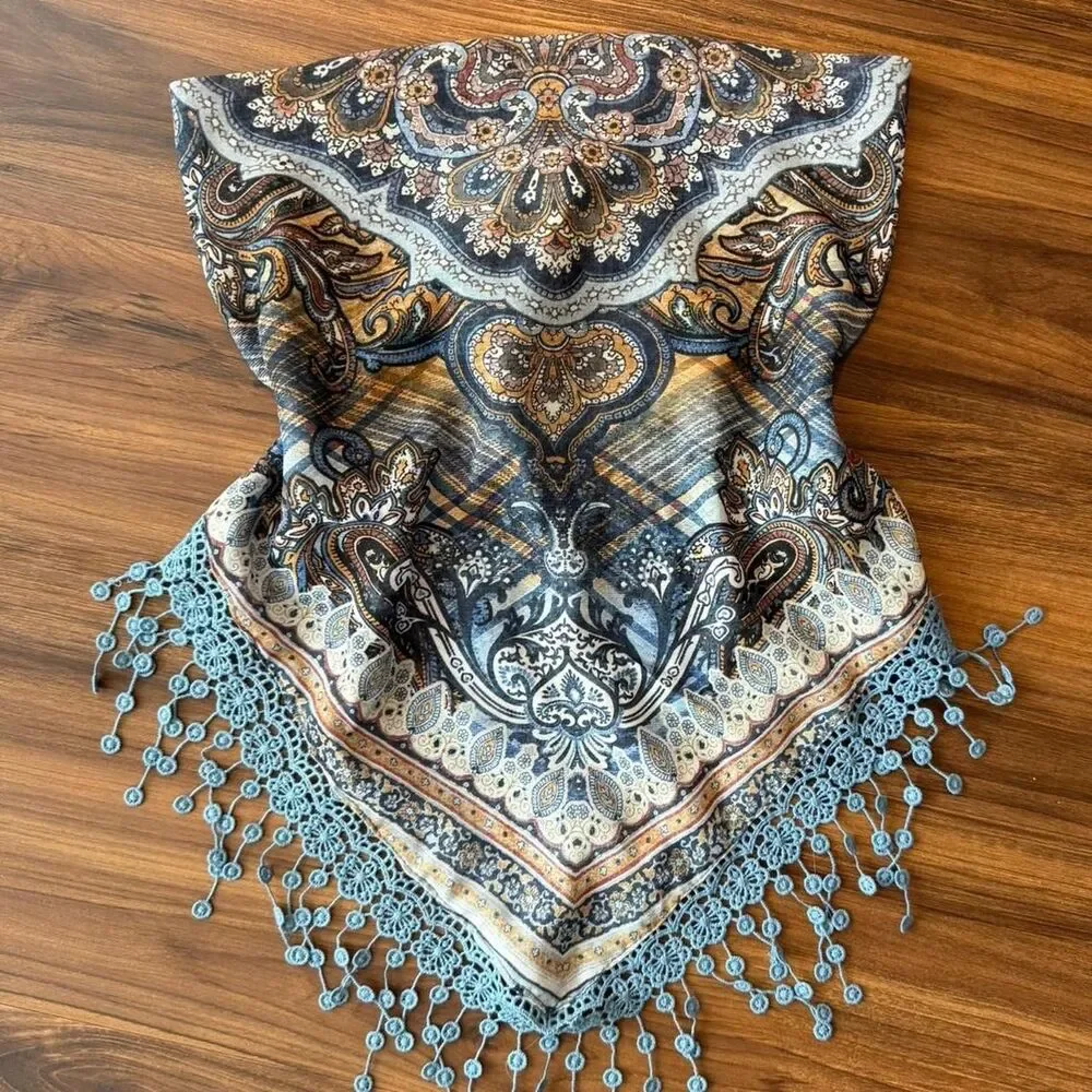 Y2K Whimsygoth Style Handmade Paisley Scarf Top with Fringe - One size | Unique! - Picture 2 of 6